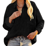 Nadorine Women's Corduroy Tops for Women Lapel V Neck Shirts Long Sleeve Blouses Casual Sweatsuit with Pockets