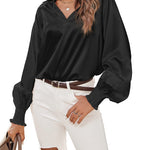 Women's Silk Shirts V Neck Shirred Lantern Sleeve Casual Work Blouse Tunic Tops - Nadorine (Us Only)