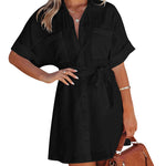 Women's Shirt Dress Button Down V Neck Blouse Short Roll-up Sleeve Tunic Tops with Pockets - Nadorine (Us Only)