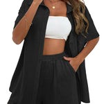 Women's 2 Piece Casual Tracksuit Outfit Sets Cotton Linen Short Sleeve Button Down Shirt and Loose Casual Shorts Set - Nadorine (Us Only)