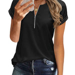 Women's Casual Rolled Short Sleeve Tops Half Zip Shirts Loose Waffle Knit T Shirts Blouse - Nadorine (Us Only)