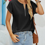 Women's Casual Rolled Short Sleeve Tops Half Zip Shirts Loose Waffle Knit T Shirts Blouse - Nadorine (Us Only)