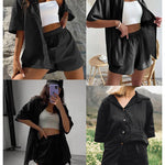 Women's 2 Piece Casual Tracksuit Outfit Sets Cotton Linen Short Sleeve Button Down Shirt and Loose Casual Shorts Set - Nadorine (Us Only)