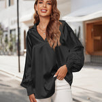 Women's Silk Shirts V Neck Shirred Lantern Sleeve Casual Work Blouse Tunic Tops - Nadorine (Us Only)