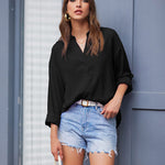 Womens Blouses Dressy Casual Long Sleeve Henley V-Neck Button Up Drop Shoulder Blouse Shirt Tops Relaxed Fit S-XXL - Nadorine (Us Only)