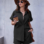 Women's 2 Piece Casual Tracksuit Outfit Sets Cotton Linen Short Sleeve Button Down Shirt and Loose Casual Shorts Set - Nadorine (Us Only)