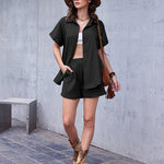 Women's 2 Piece Casual Tracksuit Outfit Sets Cotton Linen Short Sleeve Button Down Shirt and Loose Casual Shorts Set - Nadorine (Us Only)