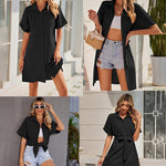 Women's Shirt Dress Button Down V Neck Blouse Short Roll-up Sleeve Tunic Tops with Pockets - Nadorine (Us Only)