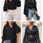 Women's Silk Shirts V Neck Shirred Lantern Sleeve Casual Work Blouse Tunic Tops - Nadorine (Us Only)
