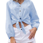 Tie Knot Front Tops Cotton Blouse Shirts - Nadorine (Us Only)