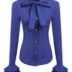 Women Bow Tie Neck Blouses Ruffle Long Sleeve Shirts Button-Down Office Work Casual Tops XS-3XL - Nadorine (Us Only)