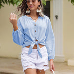 Tie Knot Front Tops Cotton Blouse Shirts - Nadorine (Us Only)