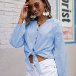 Tie Knot Front Tops Cotton Blouse Shirts - Nadorine (Us Only)