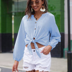 Tie Knot Front Tops Cotton Blouse Shirts - Nadorine (Us Only)