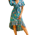Nadorine Women's Bohemian Floral Tie Front V Neck Midi Dresses