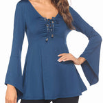 Nadorine Women's Sexy V-Neck Pleated Front Long Bell Sleeve Blouse Tops