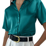 Nadorine Women Satin Shirt V-Neck Short Sleeve Button Down Shirt Casual Loose Office Silk Tops  (Us Only)