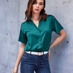 Nadorine Women Satin Shirt V-Neck Short Sleeve Button Down Shirt Casual Loose Office Silk Tops  (Us Only)