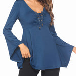 Nadorine Women's Sexy V-Neck Pleated Front Long Bell Sleeve Blouse Tops