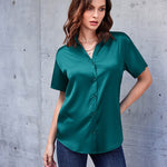 Nadorine Women Satin Shirt V-Neck Short Sleeve Button Down Shirt Casual Loose Office Silk Tops  (Us Only)