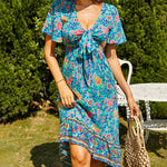 Nadorine Women's Bohemian Floral Tie Front V Neck Midi Dresses