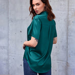 Nadorine Women Satin Shirt V-Neck Short Sleeve Button Down Shirt Casual Loose Office Silk Tops  (Us Only)