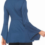 Nadorine Women's Sexy V-Neck Pleated Front Long Bell Sleeve Blouse Tops