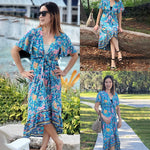 Nadorine Women's Bohemian Floral Tie Front V Neck Midi Dresses