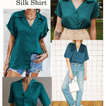Nadorine Women Satin Shirt V-Neck Short Sleeve Button Down Shirt Casual Loose Office Silk Tops  (Us Only)