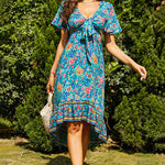Nadorine Women's Bohemian Floral Tie Front V Neck Midi Dresses