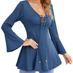 Nadorine Women's Sexy V-Neck Pleated Front Long Bell Sleeve Blouse Tops