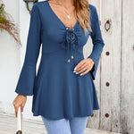 Nadorine Women's Sexy V-Neck Pleated Front Long Bell Sleeve Blouse Tops