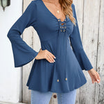 Nadorine Women's Sexy V-Neck Pleated Front Long Bell Sleeve Blouse Tops
