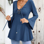 Nadorine Women's Sexy V-Neck Pleated Front Long Bell Sleeve Blouse Tops