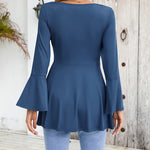 Nadorine Women's Sexy V-Neck Pleated Front Long Bell Sleeve Blouse Tops