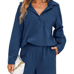 Womens 2 Piece Outfits Lounge Sets Cotton Linen Long Sleeve V-Neck Shirt and Mini Shorts With Pockets - Nadorine (Us Only)