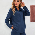 Womens 2 Piece Outfits Lounge Sets Cotton Linen Long Sleeve V-Neck Shirt and Mini Shorts With Pockets - Nadorine (Us Only)
