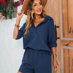 Womens 2 Piece Outfits Lounge Sets Cotton Linen Long Sleeve V-Neck Shirt and Mini Shorts With Pockets - Nadorine (Us Only)