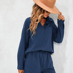 Womens 2 Piece Outfits Lounge Sets Cotton Linen Long Sleeve V-Neck Shirt and Mini Shorts With Pockets - Nadorine (Us Only)