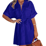 Women's Shirt Dress Button Down V Neck Blouse Short Roll-up Sleeve Tunic Tops with Pockets - Nadorine (Us Only)
