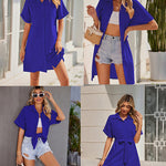 Women's Shirt Dress Button Down V Neck Blouse Short Roll-up Sleeve Tunic Tops with Pockets - Nadorine (Us Only)