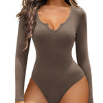 Nadorine Women's long sleeve bodysuit Sexy V Neck Body Suit Double Lined Tops Slim Fit Stretchy Layer Top Classic Jumpsuit
