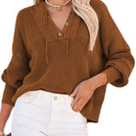 Women's Oversized Sweater V Neck Hooded Pullover Sweater Long Sleeve Knitted Jumper Tops - Nadorine (Us Only)