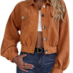 Women's Fashion Cropped Shacket Long SLeeve Trendy Button Down Corduroy Shirts Shacket Jackets - Nadorine (Us Only)