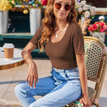 Nadorine Short Sleeve Square Neck Slim Fitted Tops