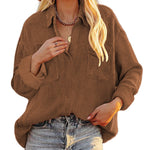 Nadorine Women's Corduroy Tops for Women Lapel V Neck Shirts Long Sleeve Blouses Casual Sweatsuit with Pockets