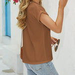 Women's Casual Rolled Short Sleeve Tops Half Zip Shirts Loose Waffle Knit T Shirts Blouse - Nadorine (Us Only)