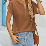 Women's Casual Rolled Short Sleeve Tops Half Zip Shirts Loose Waffle Knit T Shirts Blouse - Nadorine (Us Only)