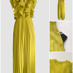 Ruffles Spliced V-Neck Sleeveless Button Front Pleated Overalls Casual Zipper Back Wide Leg Jumpsuit