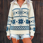 Women's Vintage Fair Isle Half Zip Sweater Casual Drop Shoulder Pullover